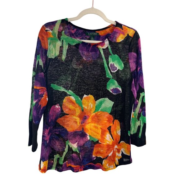 Ralph Lauren W's Top L Semi-sheer Vibrant Multicolor Floral 100% Linen - Picture 3 of 9